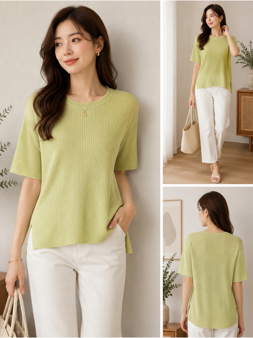 Eileen Fisher Light Green Ribbed Short-Sleeve Tunic